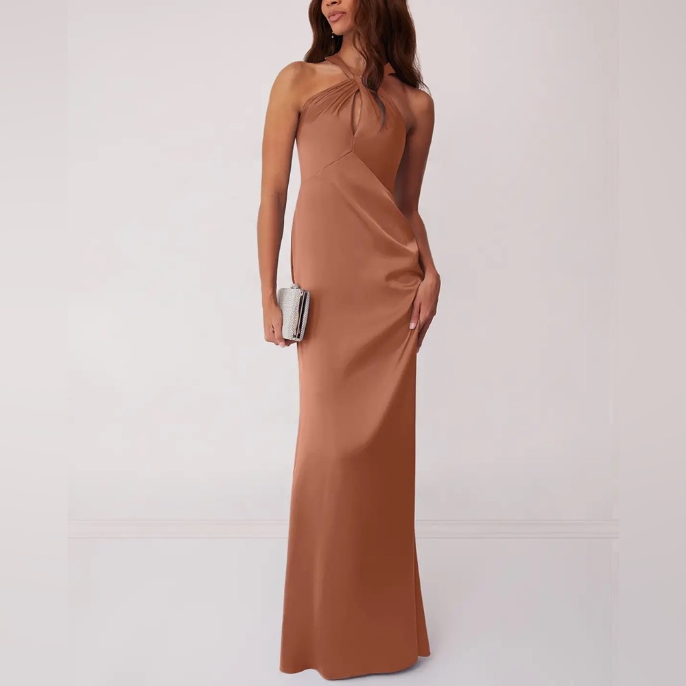Azazie Bronzer Keyhole Halter Stretch Satin Dress Wedding Guest Bridesmaid
